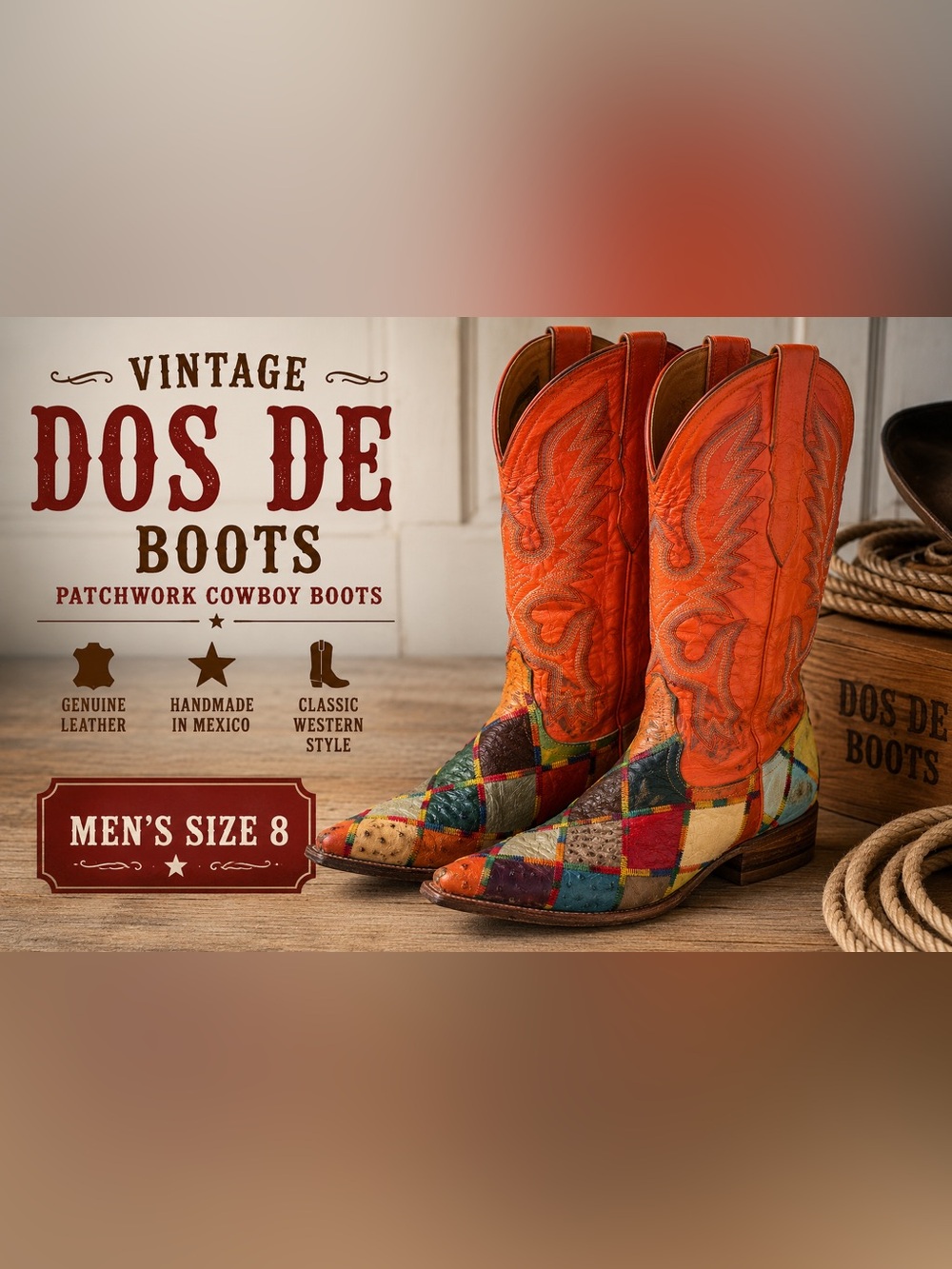 Vintage Dos De Boots Men’s Patchwork Cowboy Boots Colorful Ostrich Leather